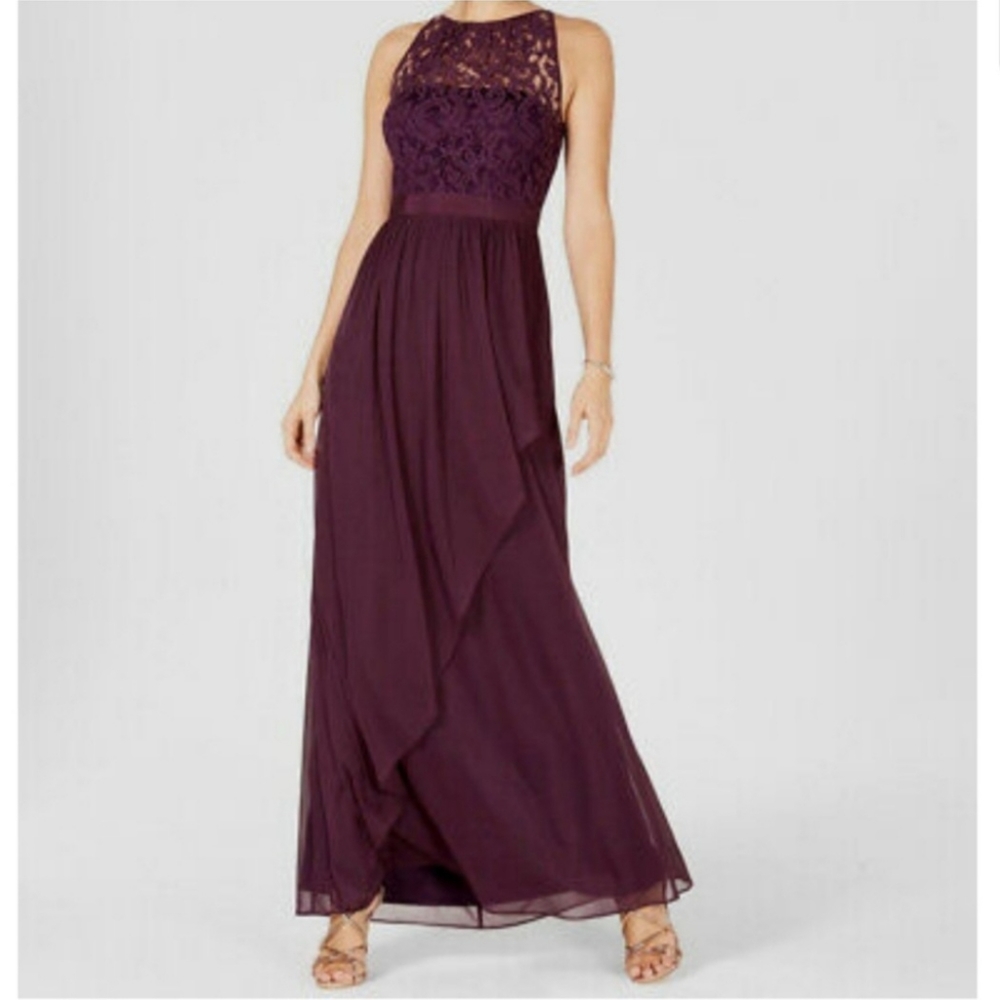 🆕️ Adrianna Papell Lace Illusion neck tulle lace gown A Line Maxi Dress Currant